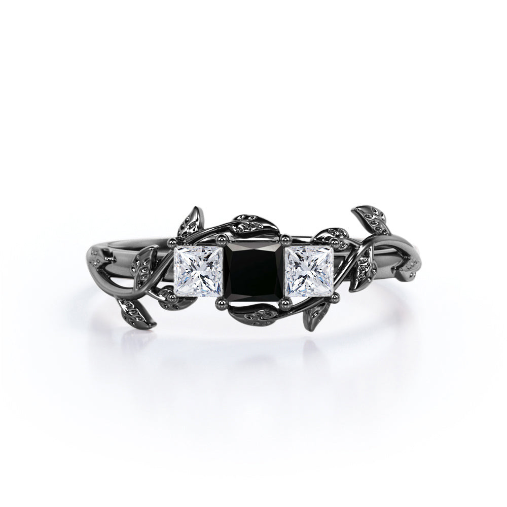 1 carat princess cut  Black Diamond three stone engagement ring in white gold