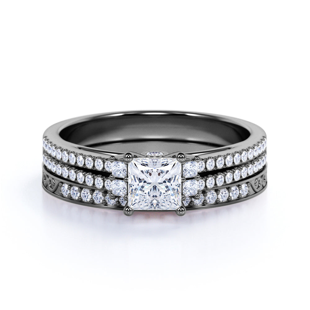 Stunning 1.25 ct - Princess Cut Moissanite - Pave - Vintage - Double Band Engagement Ring - Bridal Set - 18K White Gold over Silver