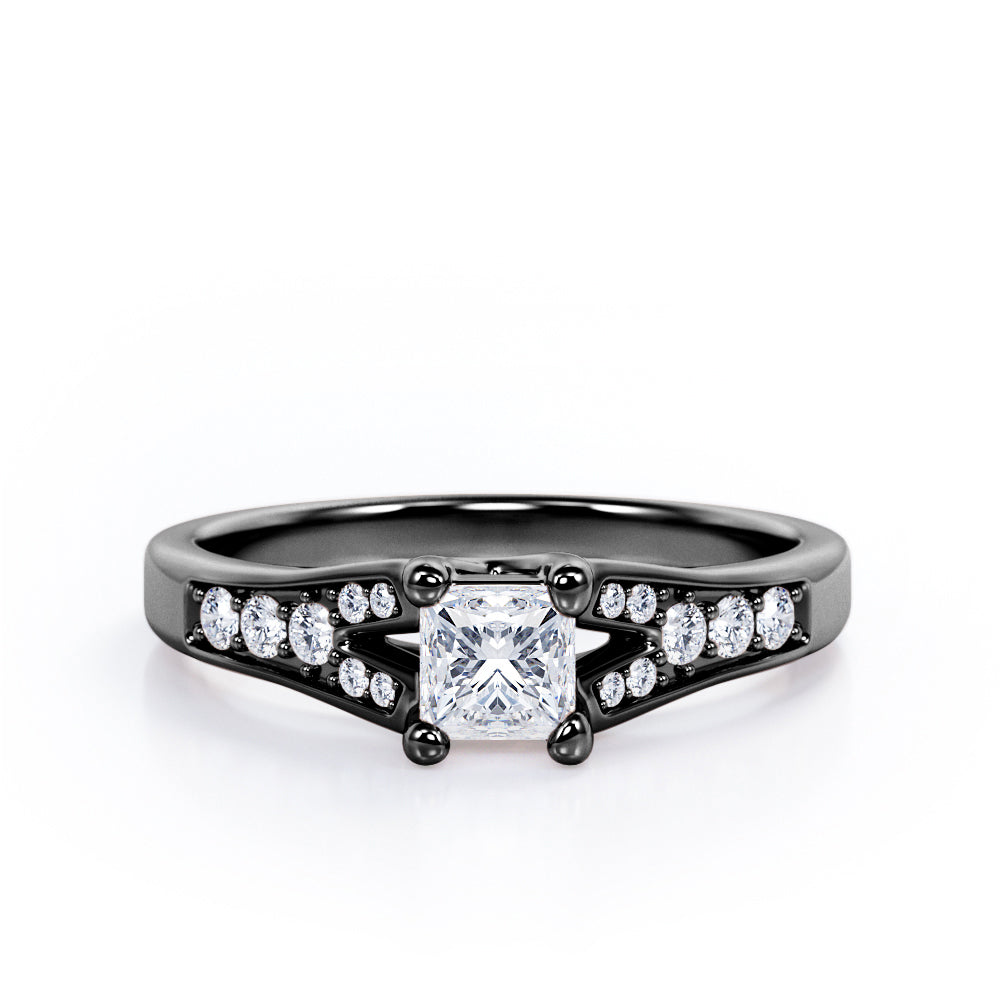 Y-Shaped Pave 0.40 TCW Princess Cut Diamond Crossover Prong Engagement Ring in 10K White Gold