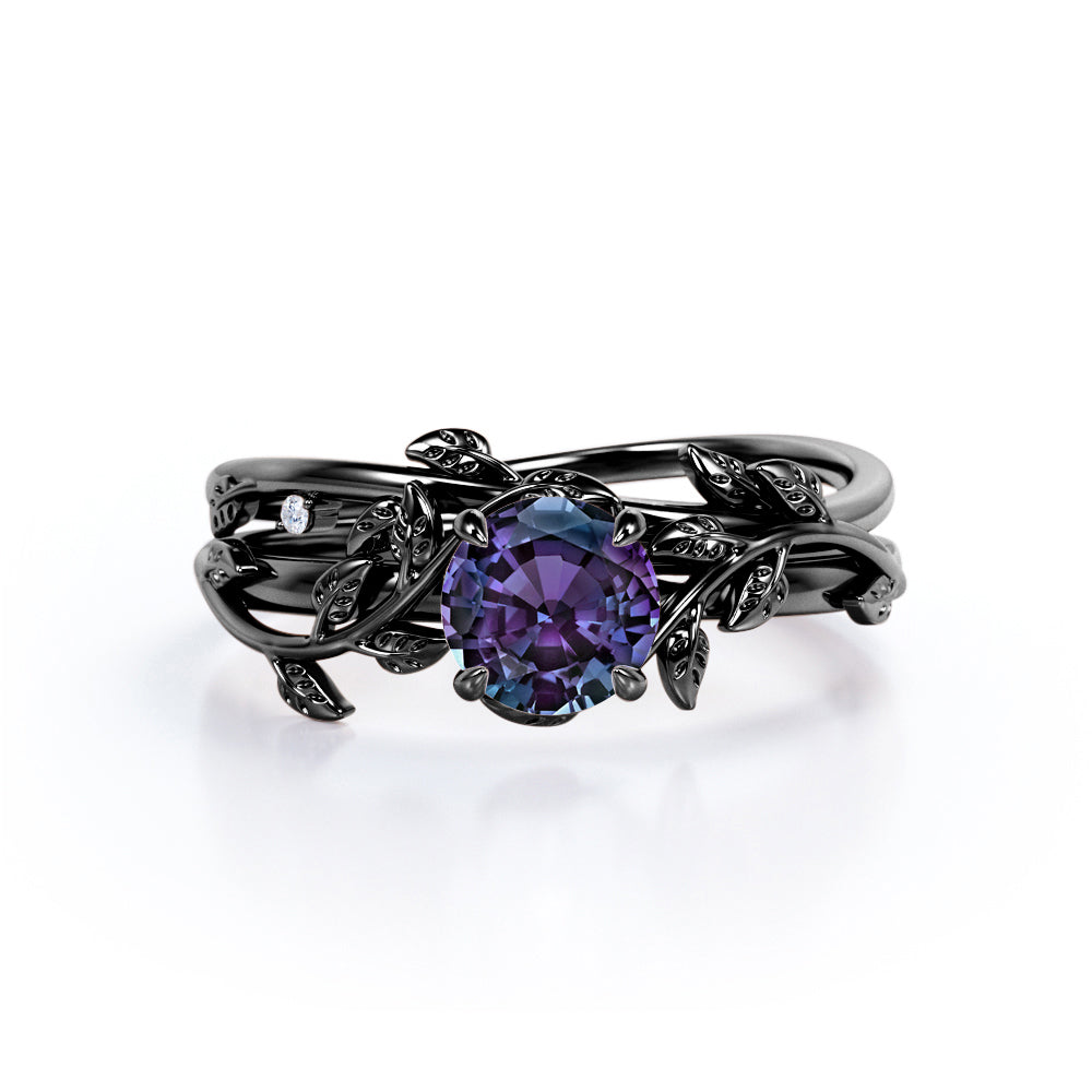 0.50 Carat - Round Cut Lab Created Alexandrite Ring Set - Leaf & Vine Wedding Ring Set - 18K Black Gold Plating Over Silver