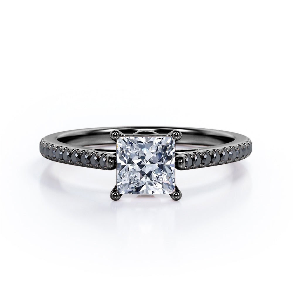 0.5 TCW Princess Cut Diamond with Lab Created Black Diamond - Pave Setting - Prong Engagement Ring - 10K White Gold