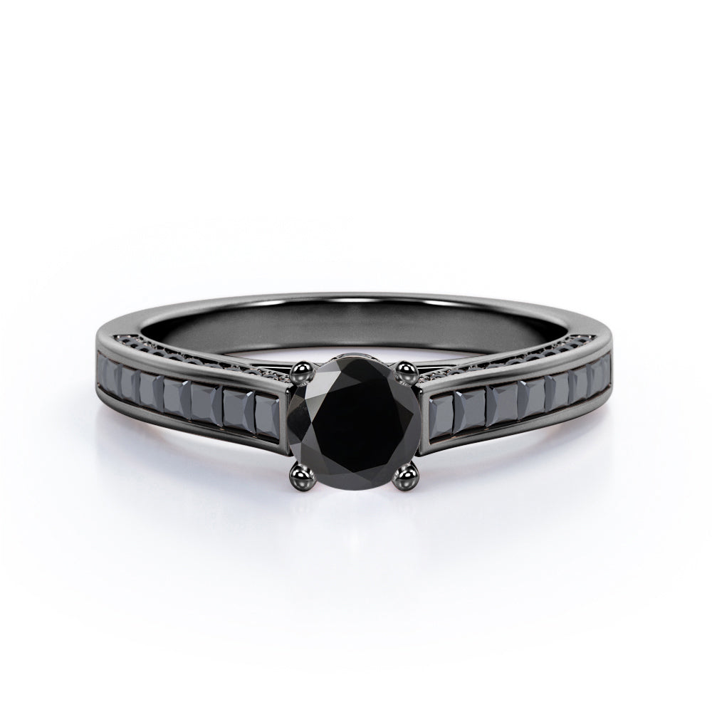 1.4 TCW Round Shape Lab Created Black Diamond - Pave and Channel - Cathedral Engagement Ring in White Gold