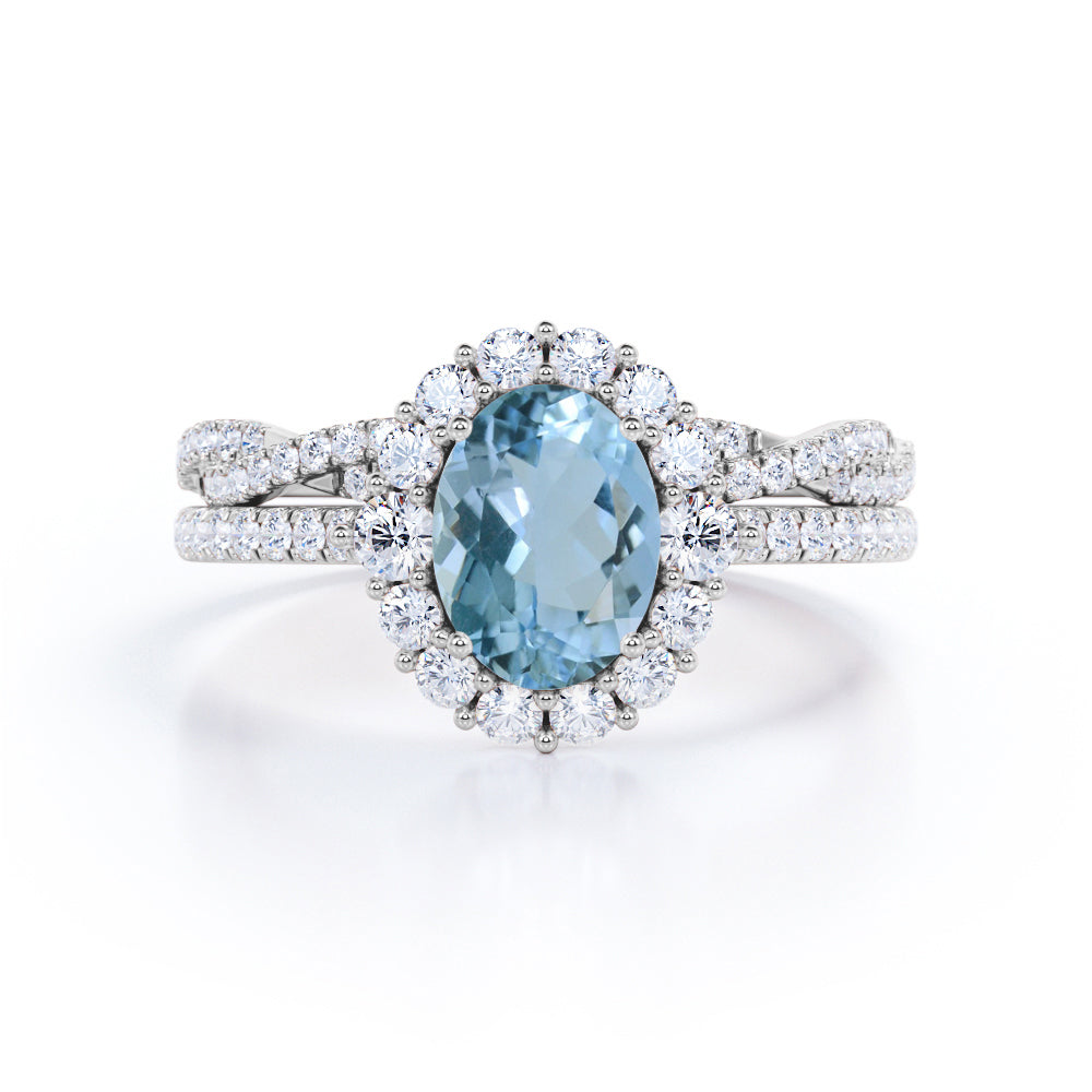 1.65 Carat Huge Oval Cut Aquamarine And Diamond Halo Wedding Ring Set In White Gold