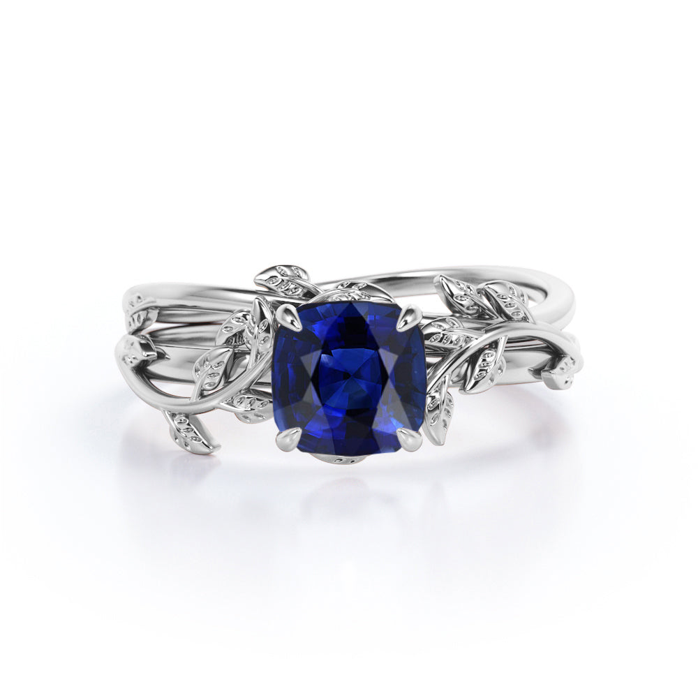 Leaf Branch Design 1 carat Cushion Cut Lab-Created Sapphire  Wedding ring set in White Gold