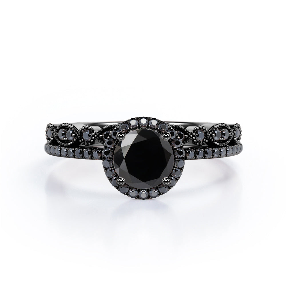 Art Deco Pave Setting - 1.65 TCW Round Cut Lab Created Black Diamond - Halo Design Bridal Set in White Gold