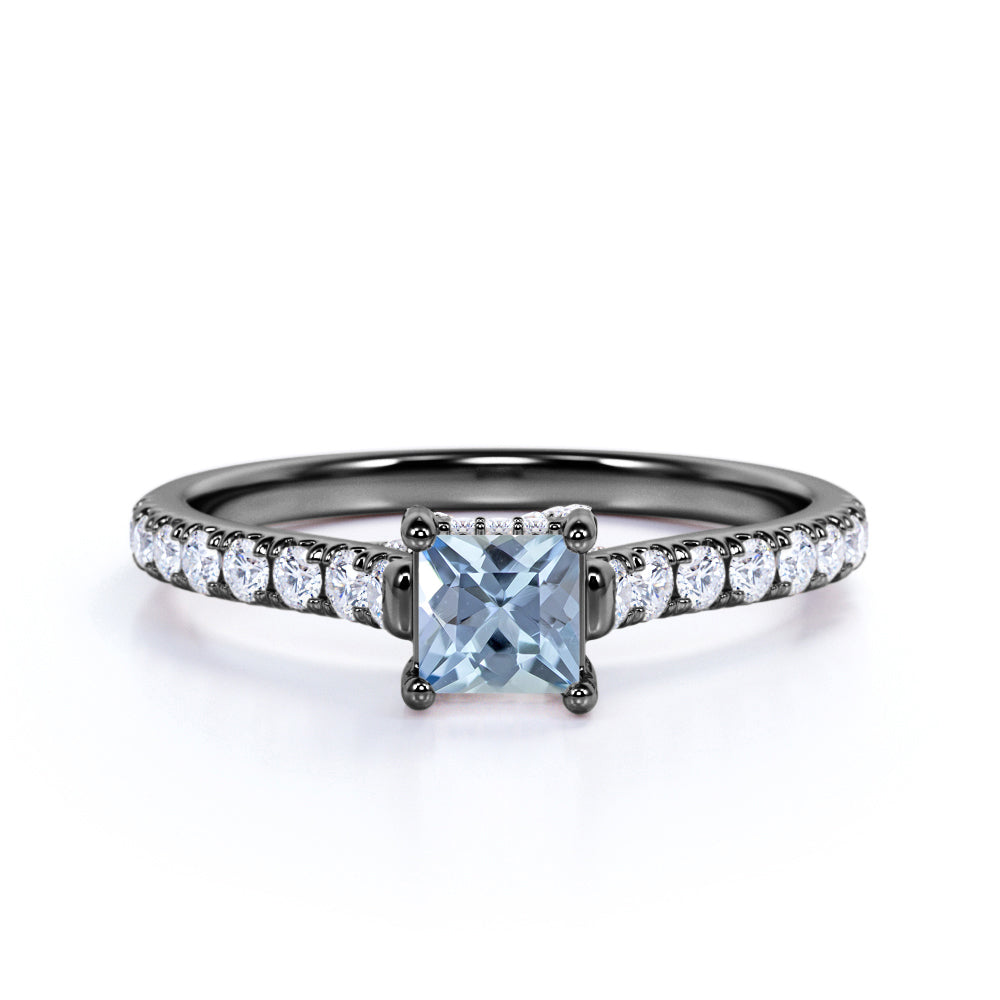 1.25 carat Princess Cut Light Blue Created Aquamarine Accent Art Deco Anniversary Ring in 18k White Gold over Silver