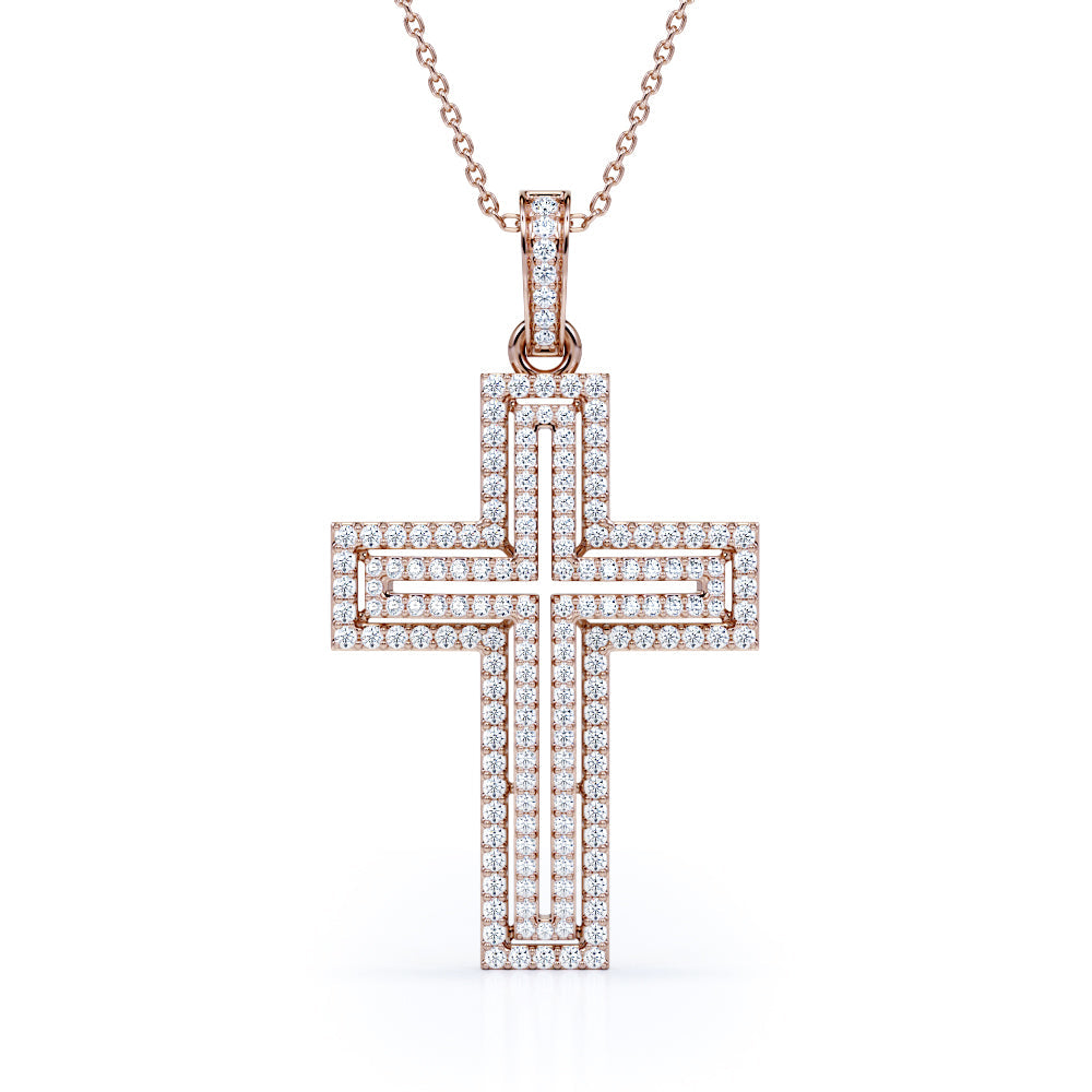 2-Layered 0.2 TCW Round Shape Moissanite Pave Cross Outline Pendant Necklace in 18K White Gold Plating over Silver