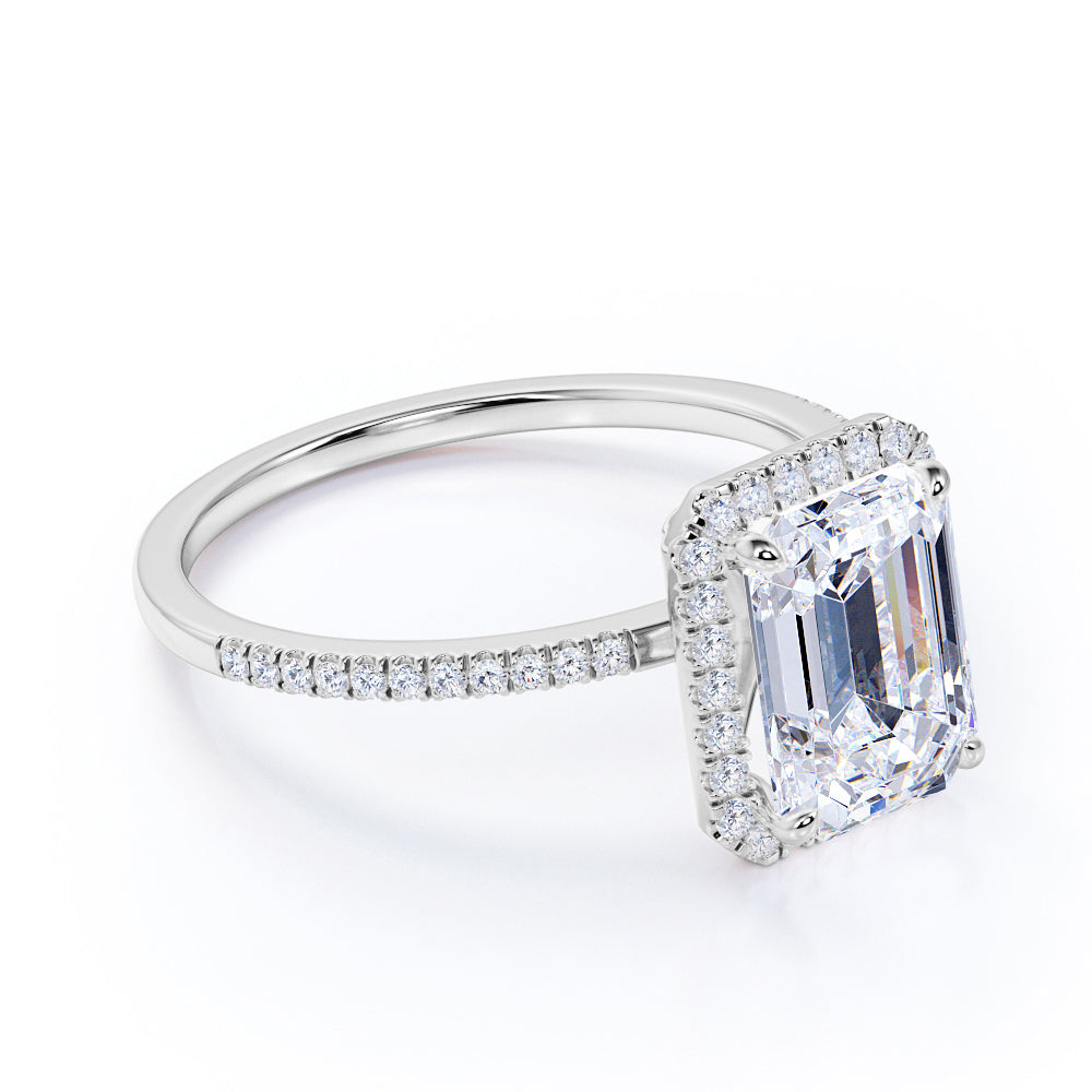 Classic 1.75 Carat Emerald Cut Halo Engagement Ring in 18k White Gold Over Silver