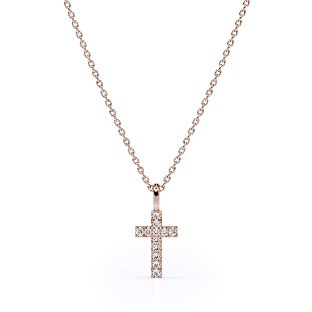 Minimalist 0.15 TCW Round Shaped Moissanite Crucifix Pendant Necklace with Pave Accents in 18K White Gold Plating over Silver