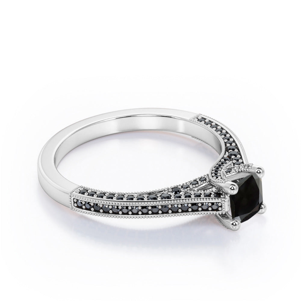 Three Sided Pave - 1.35 TCW Princess Cut Lab Created Black Diamond - Milgrain Decorated Engagement Ring in White Gold