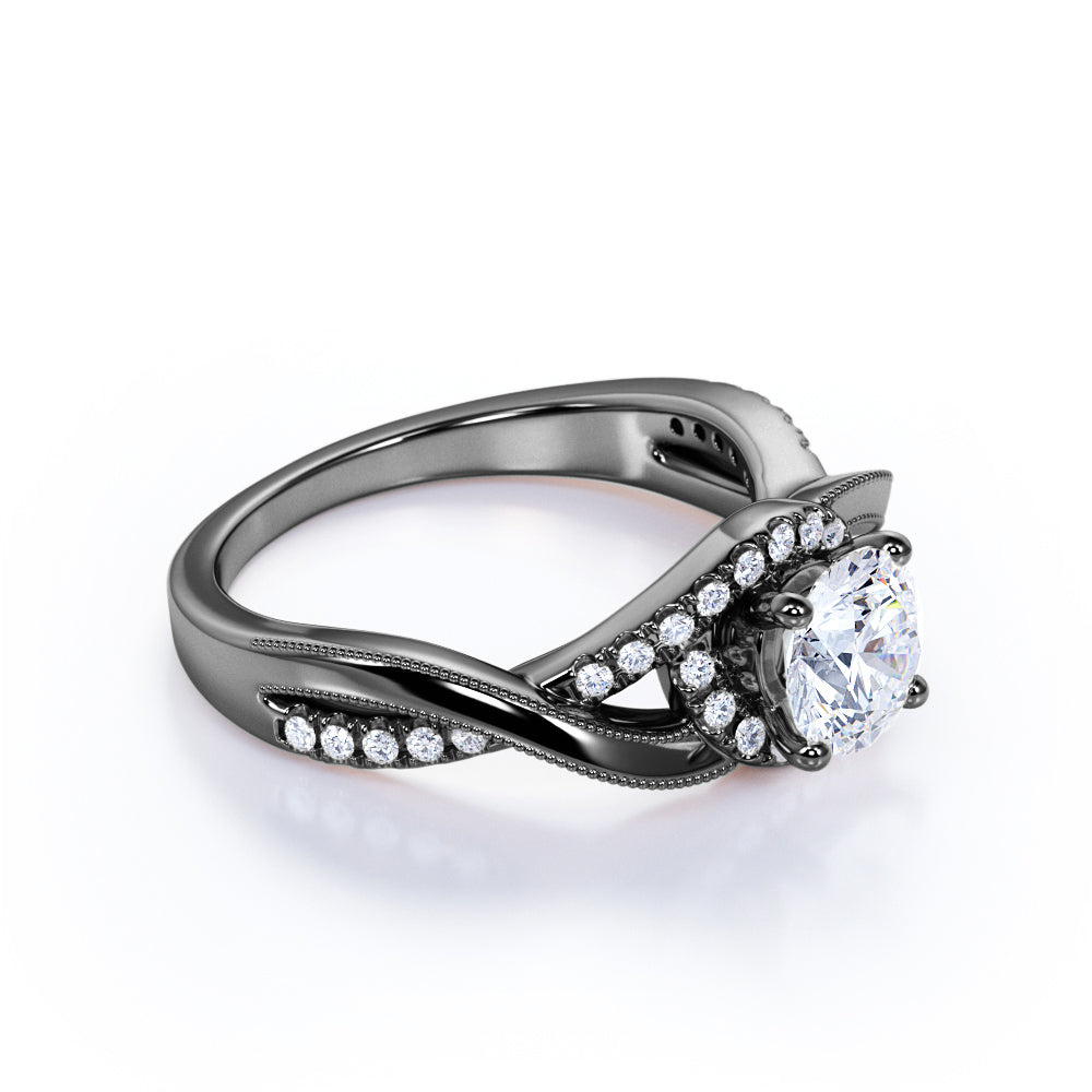 1 Carat Round Cut Infinity Engagement Ring - Milgrain Pave Twisted Band - 18K Black Gold over Silver