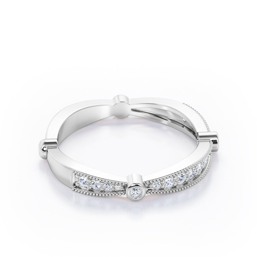 Milgrain Bright-Cut Pave 0.15 TCW Round Brilliant Cut Bezel Stackable Ring in 10K White Gold