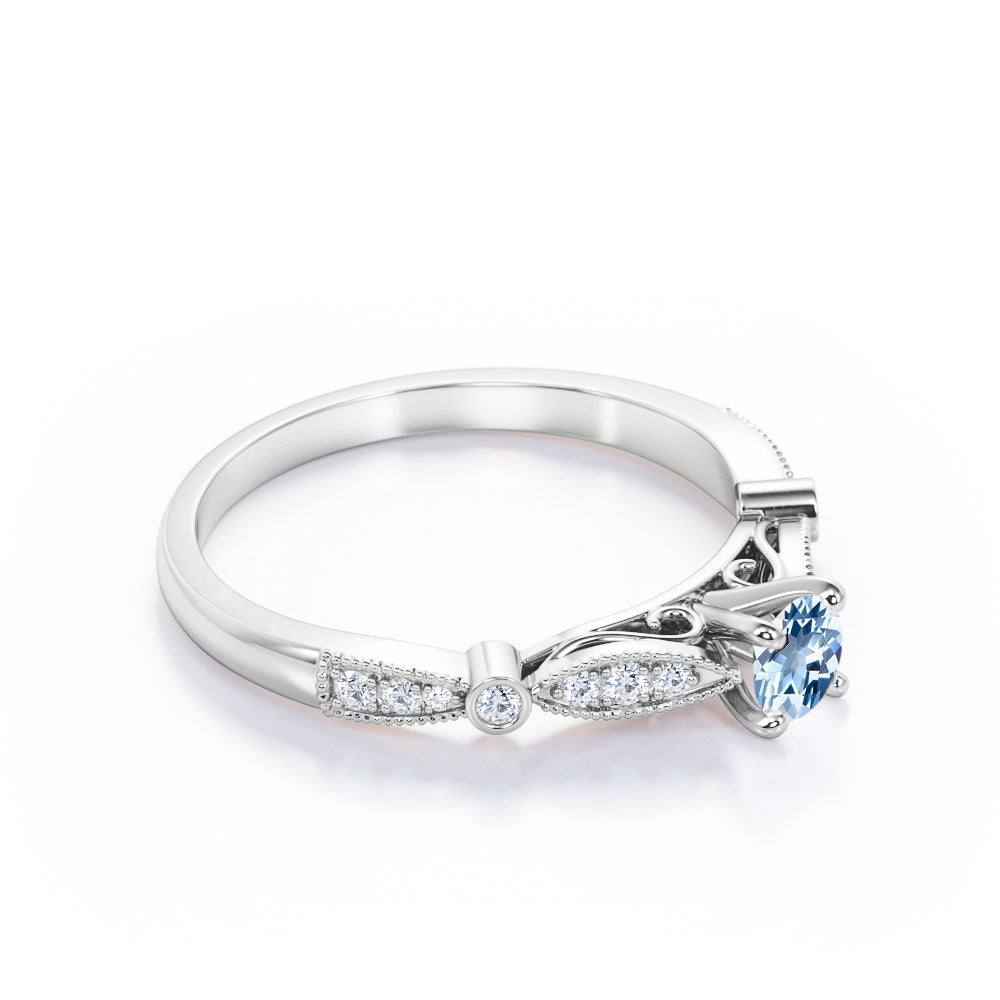 Minimalist 1.10 Carat Round Cut Aquamarine And Diamond Vintage Engagement Ring In White Gold