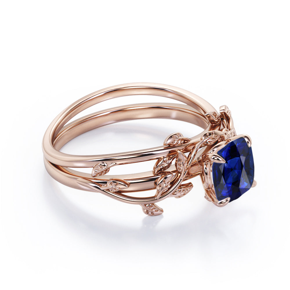 Leaf Branch Design 1 carat Cushion Cut Lab-Created Sapphire  Wedding ring set in White Gold