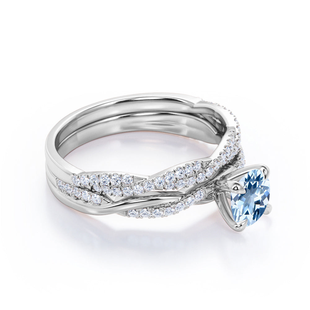 1.40 Carat Round Cut Aquamarine And Diamond Twisted Wedding Ring Set In White Gold