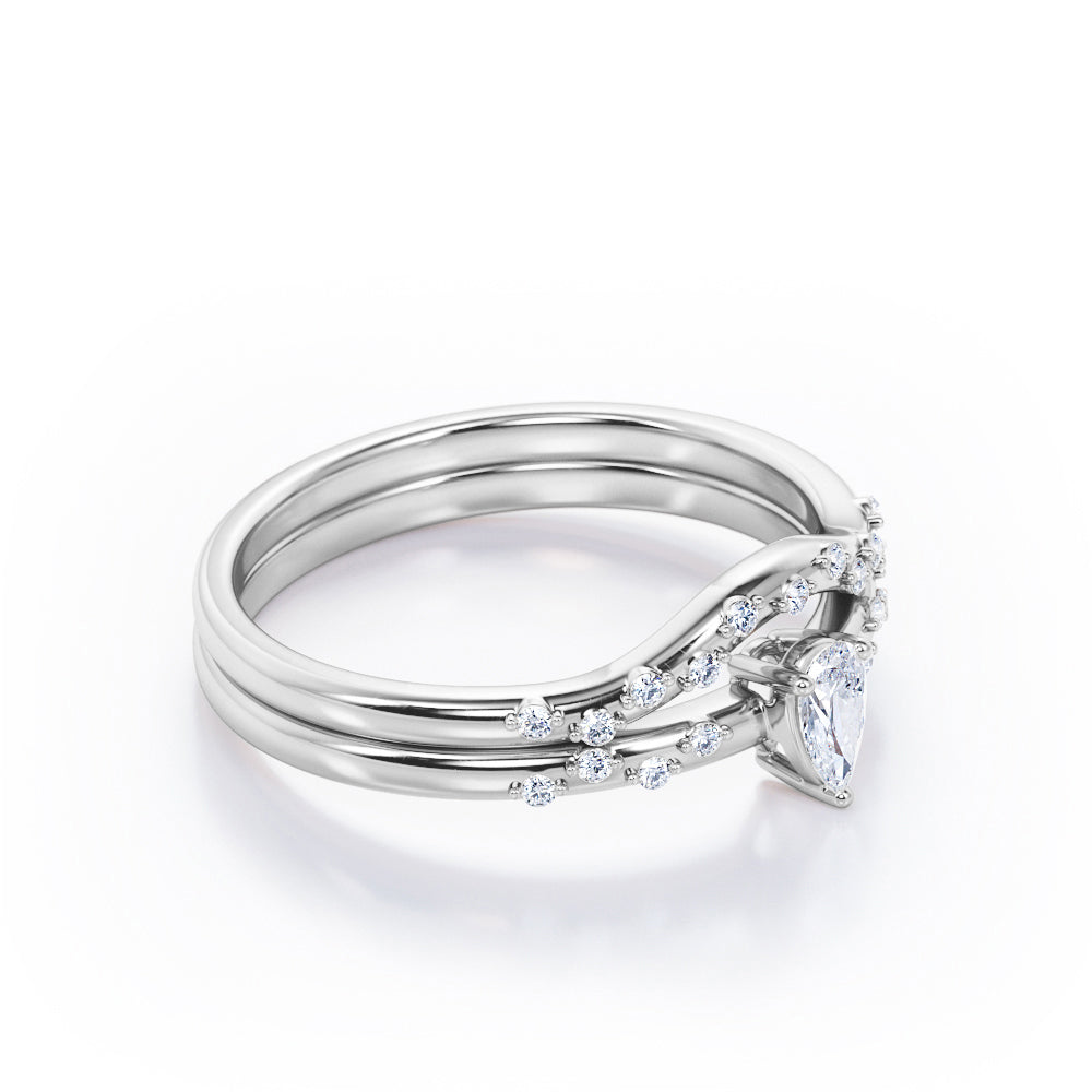 2-Prong Flush - 0.4 TCW Teardrop Cut Diamond - Curved Minimalist Wedding Ring Set in White Gold