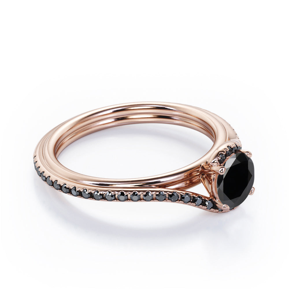 Overlay Double Banded - 1.25 TCW Round Cut Lab Created Black Diamond - Tension Pave Engagement Ring in White Gold