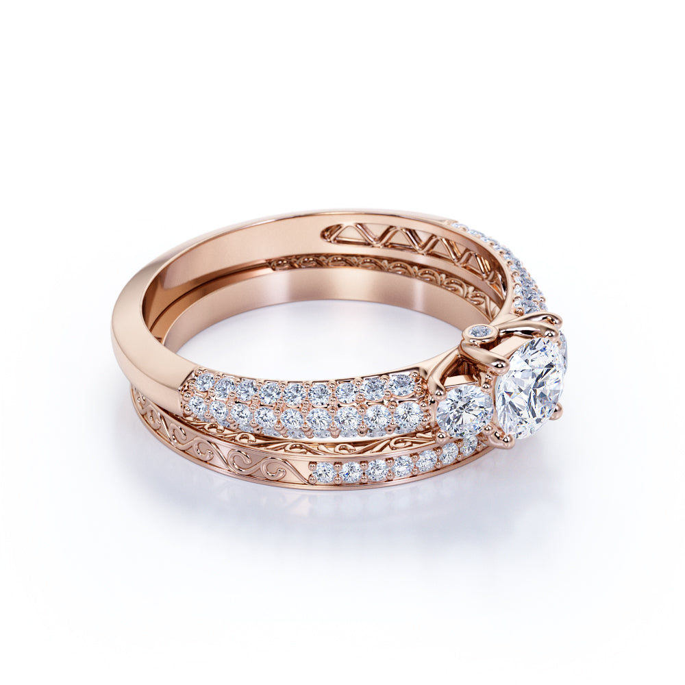 1.25 ct - Round Real 3 Stone Diamond - Past Present Future Ring - Victorian - Vintage Wedding Ring Set - 10K Rose Gold