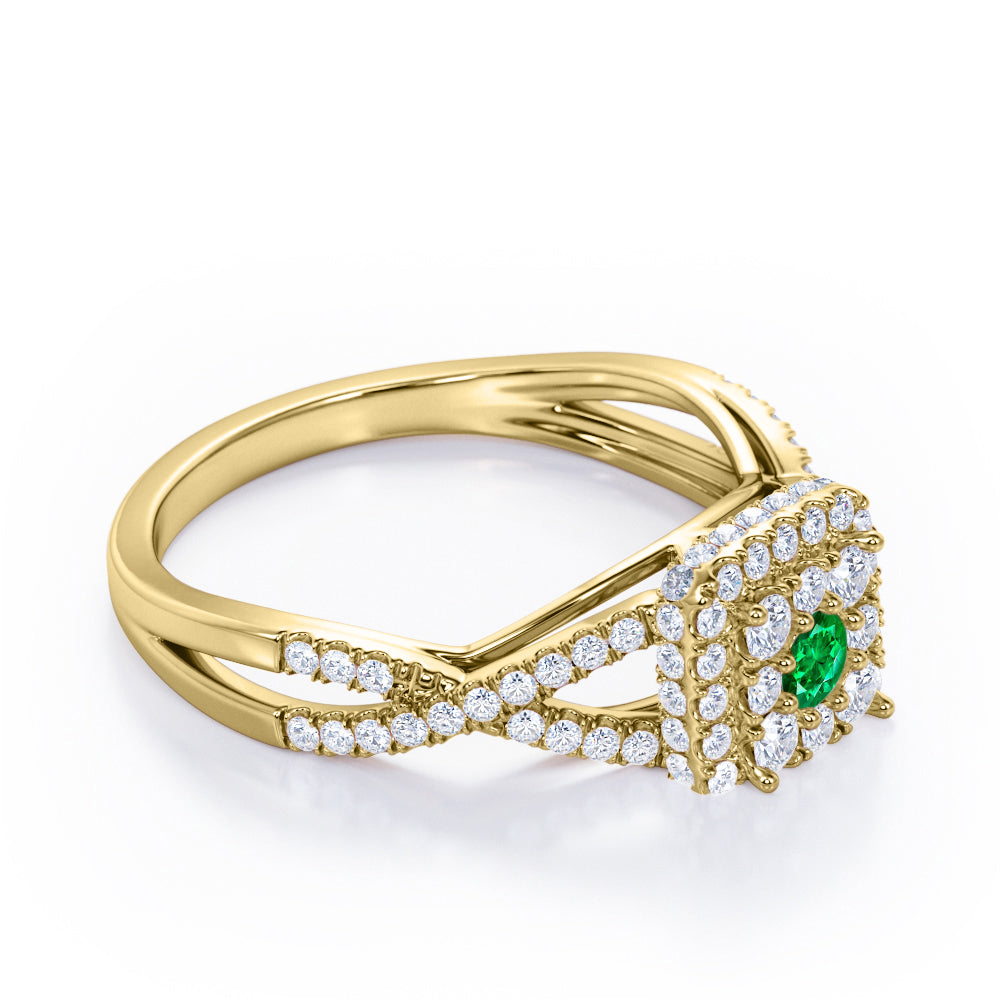 Pave Crossover - 1.25 Carat Round Cut Emerald and diamond - Flush Cluster Halo Engagement Ring in Yellow Gold