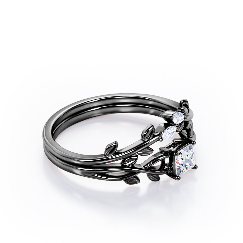 Nature-Inspired 0.35 TCW Princess Cut Diamond Branch Leaves Bridal Ring Set in White Gold