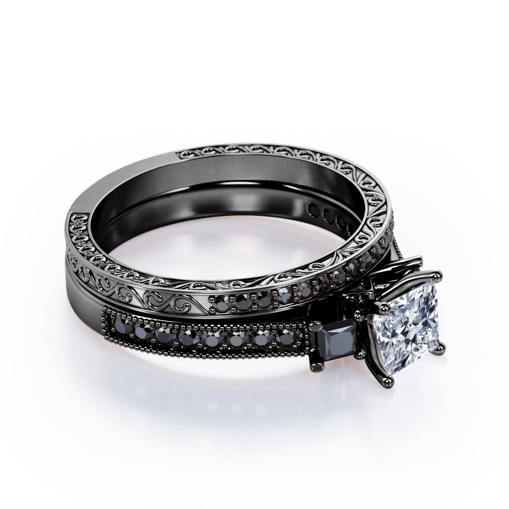 Art Deco 3-Stone 1.65 TCW Princess Cut Moissanite with Lab Created Black Diamond Cathedral Pave-Channel Wedding Ring Set in Rose Gold