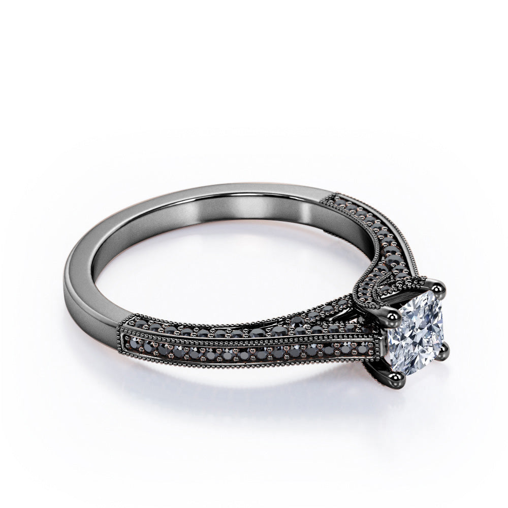 Three Sided Pave - 0.6 TCW Princess Cut Diamond with Lab Created Black Diamond - Milgrain Decorated Engagement Ring - 10K White Gold