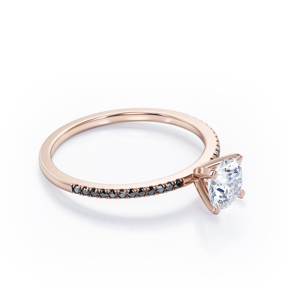 Perfect 4-Prong 1 TCW Round-Shaped Moissanite with Lab Created Black Diamond Pave-Accented Engagement Ring in Rose Gold