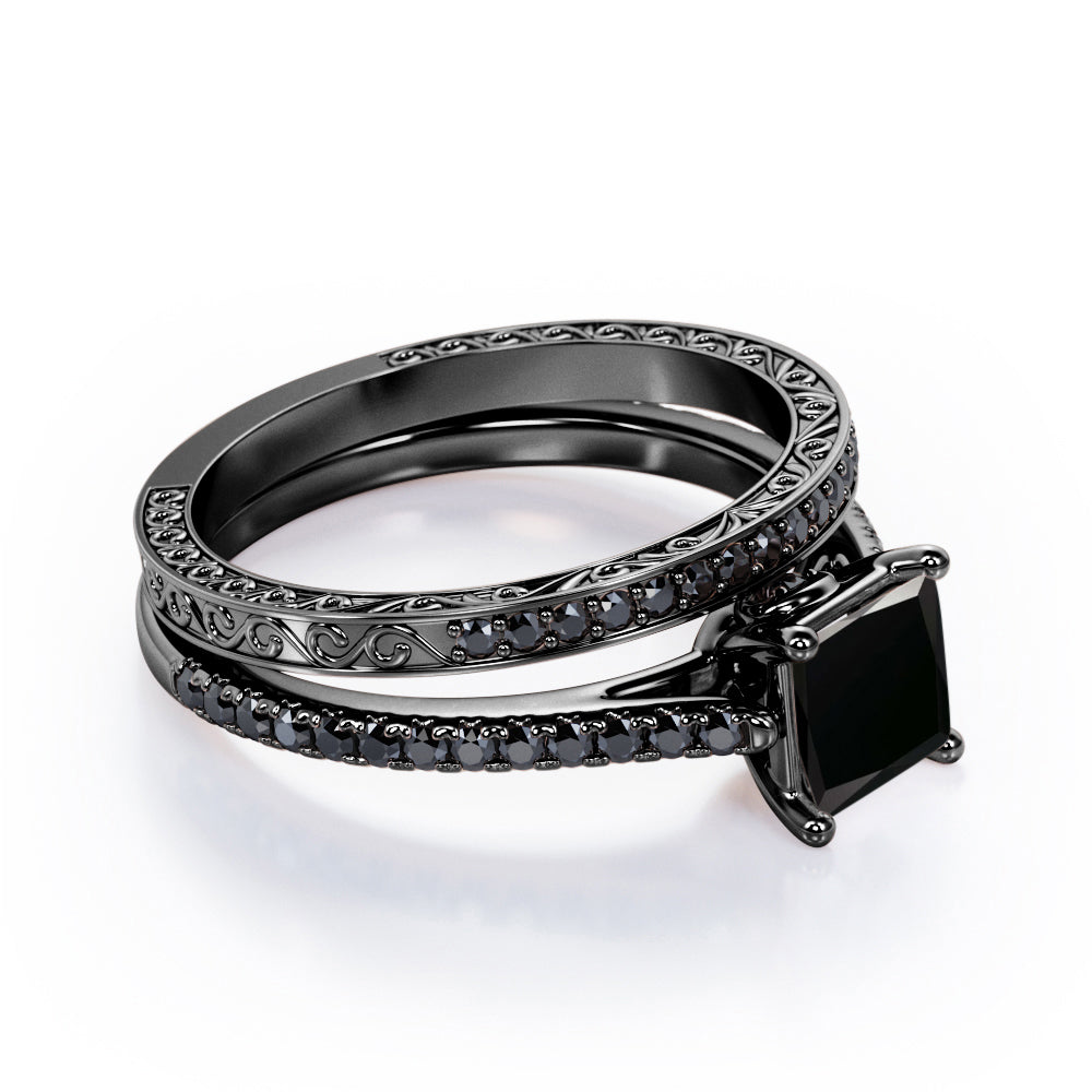 Art Deco Prong 1.5 TCW Princess Cut Lab Created Black Diamond Bridal Set with Pave Accents in White Gold