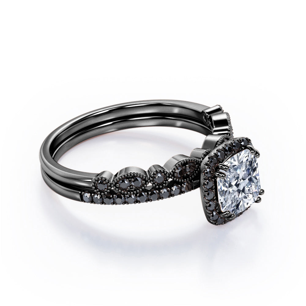 Pave-Accented Halo 1.6 TCW Cushion Cut Moissanite with Lab Created Black Diamond Milgrain Filigree Wedding Ring Set in Rose Gold