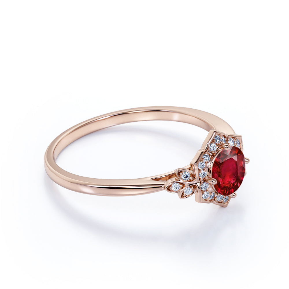 Antique Leaf Design 1.20 Carat Round Cut Lab-Created Ruby and Diamond Engagement Ring in Rose Gold