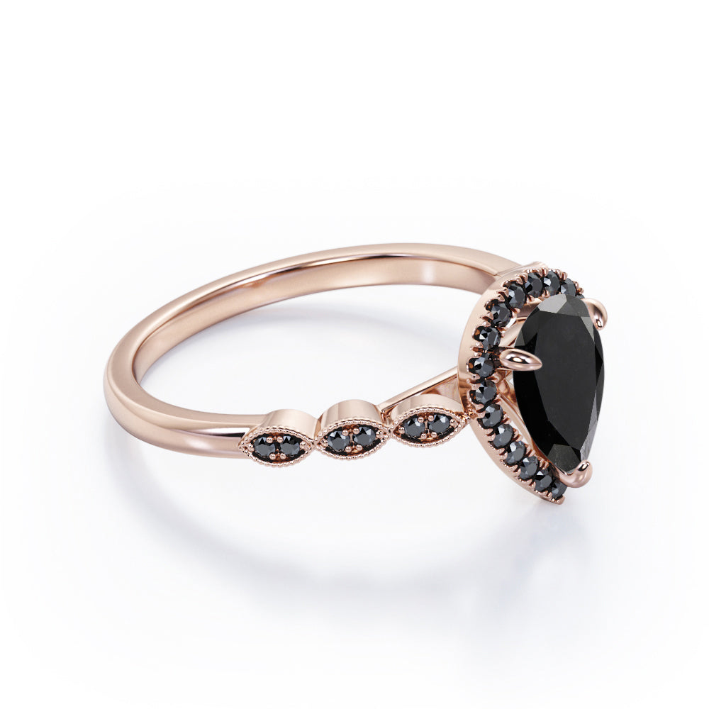 Art-Deco Filigree Milgrain 1.4 TCW Pear Cut Lab Created Black Diamond Halo Design Engagement Ring in White Gold