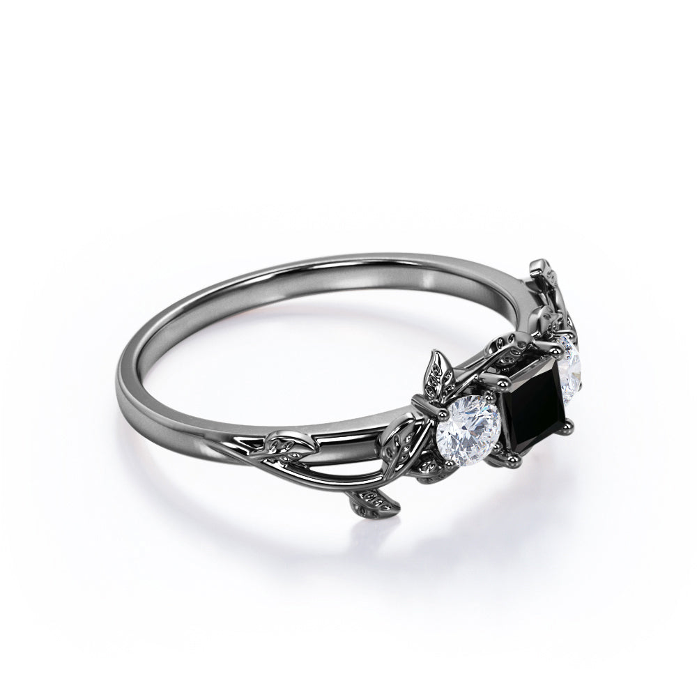 1 carat princess cut Black Diamond nature inspired engagement ring in white gold