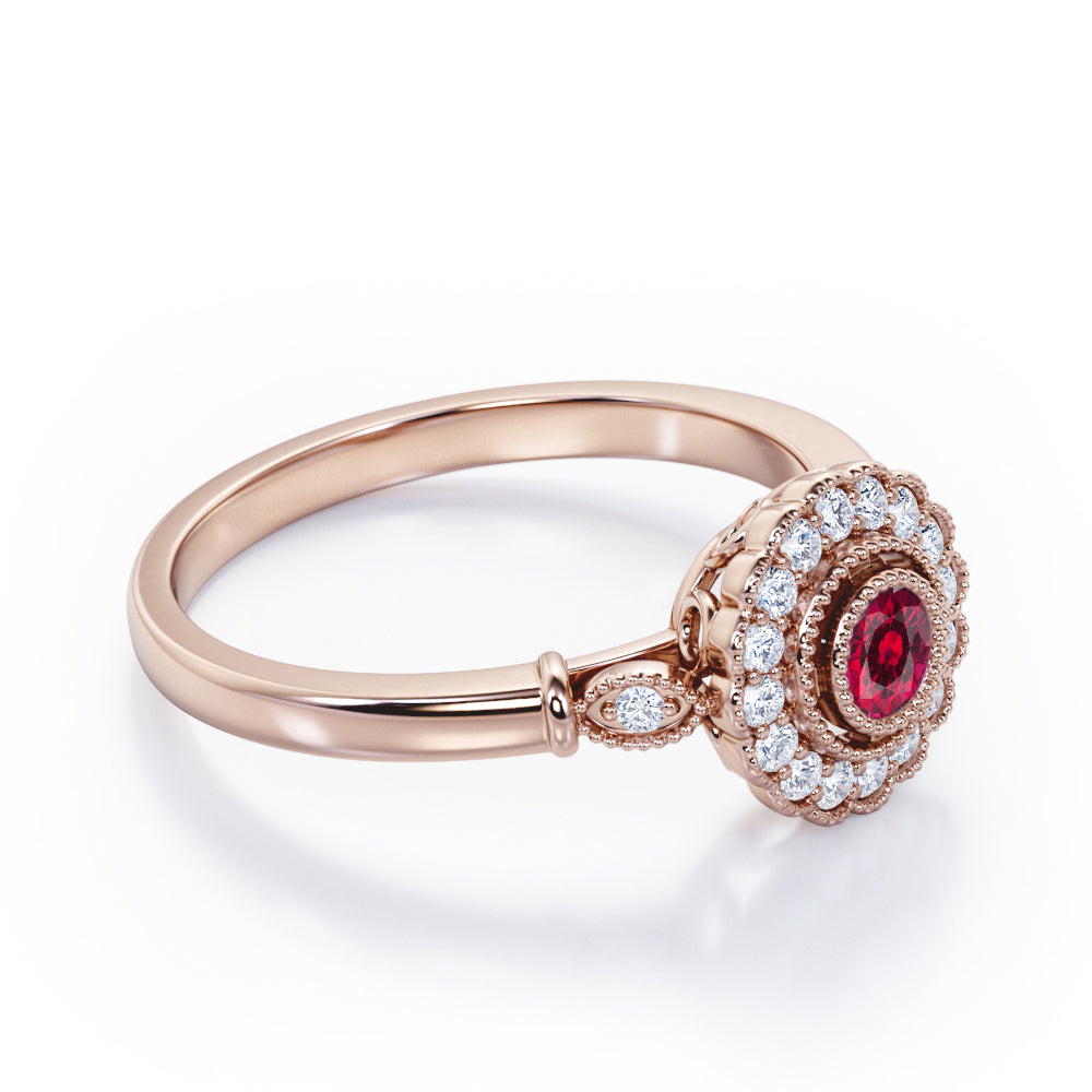 Milgrain Flower Halo 1.2 carat Carat Round Brilliant Cut Ruby Trilogy Bezel Engagement Ring in White Gold