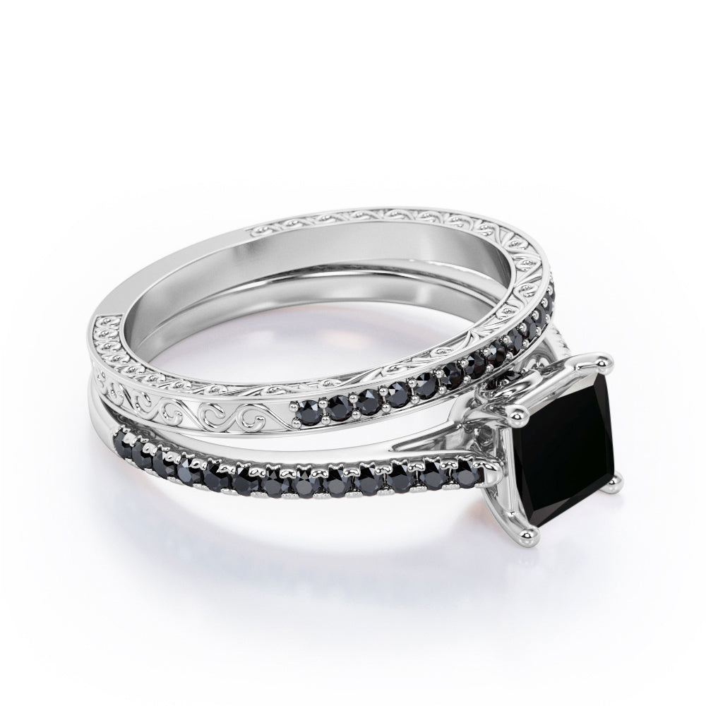 Art Deco Prong 1.5 TCW Princess Cut Lab Created Black Diamond Bridal Set with Pave Accents in White Gold