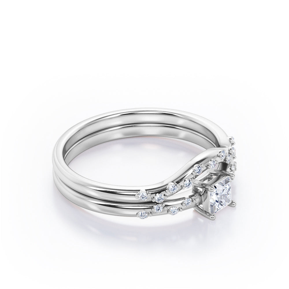 2-Prong Flush - 0.4 TCW Princess Cut Diamond - Curved Minimalist Wedding Ring Set in White Gold