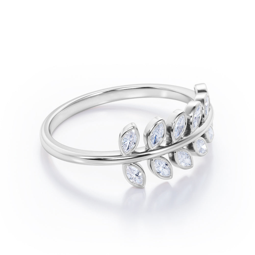 Inspired by Nature - 0.25 TCW Marquise Shaped Moissanite - Olive Leaf Stackable Ring - Black Gold