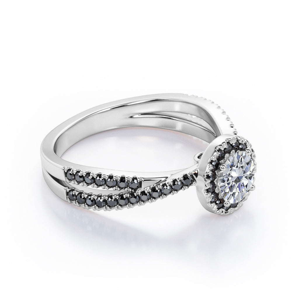 Milgrain Halo - 1.4 TCW Round Cut Moissanite with Lab Created Black Diamond - Infinity Double Strand Engagement Ring in White Gold