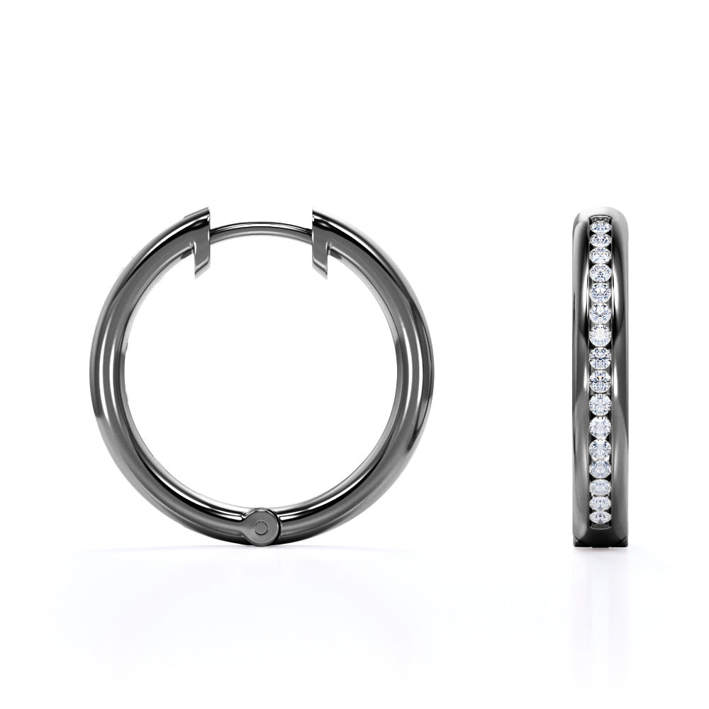 Alluring Half Eternity - 0.7 Carat Round Shape Diamond - Pave Channel - Chunky Hoop Earrings - 18K Black Gold Plating over Silver