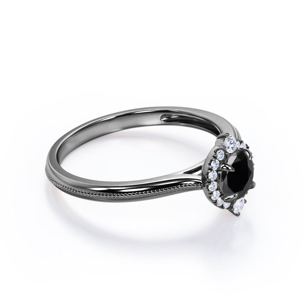 1 carat round cut Black Diamond halo engagement ring in white gold