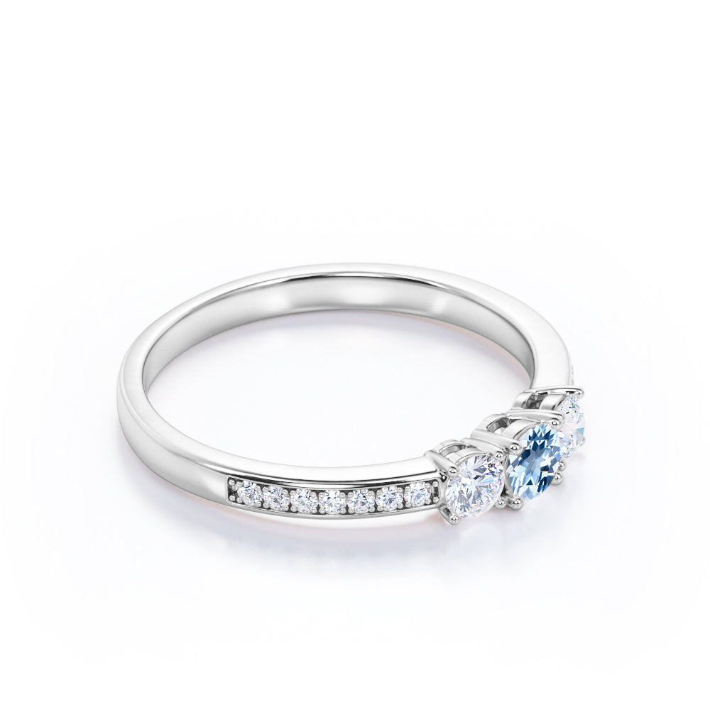 1.10 Carat Round Cut Aquamarine And Diamond Pave Engagement Ring in White Gold