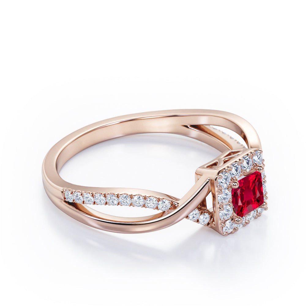 1.25 Carat Princess Cut Lab-Created Ruby - Half Crossover Pave - Halo Engagement Ring in White Gold