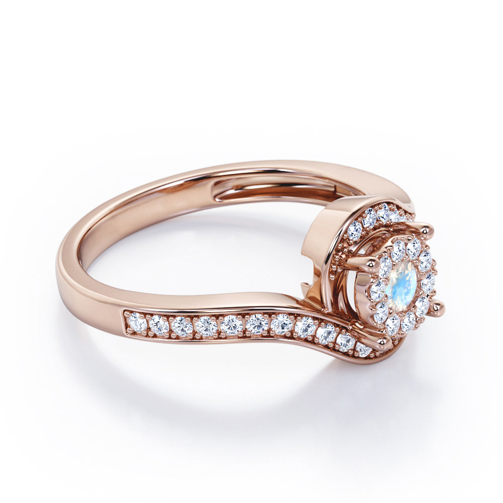 Wrapped Round 0.65 carat Round Moonstone and Moissanites Bypass Engagement Ring in Rose Gold