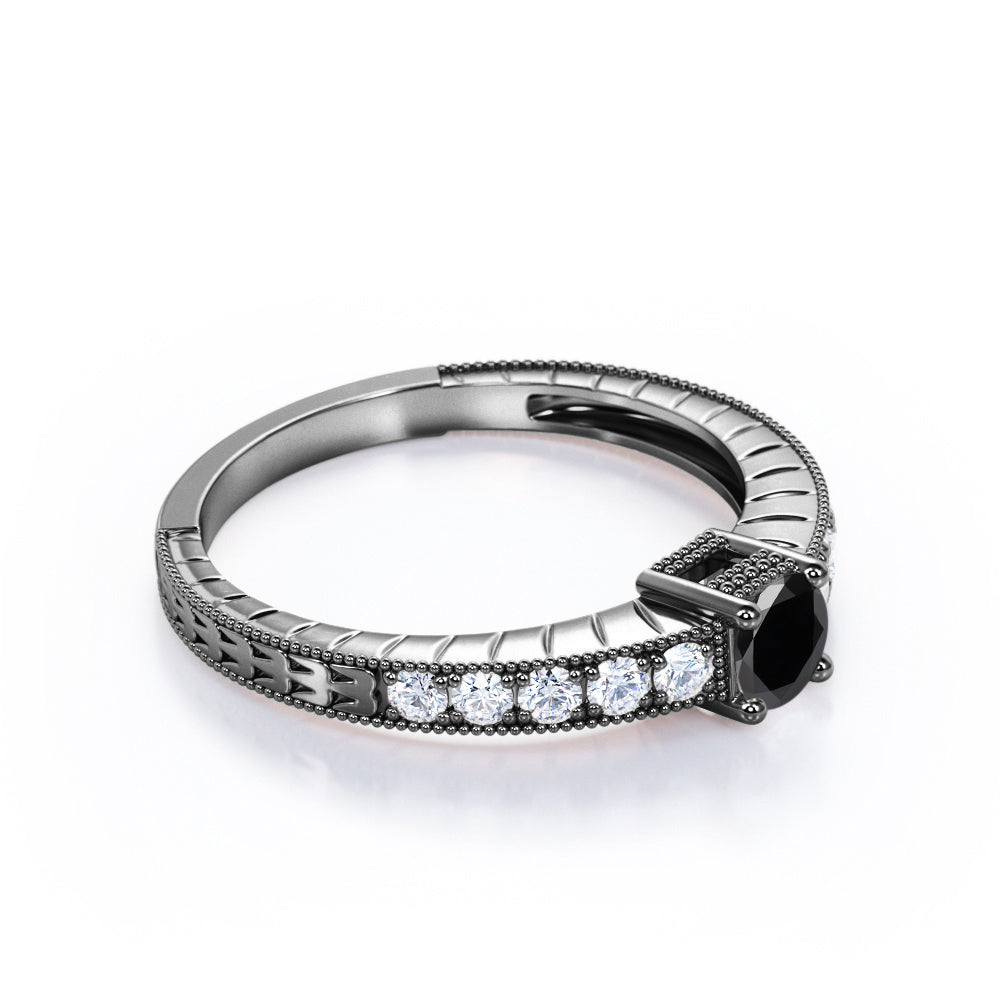 1.10 Carat Round Cut Lab Grown Black Diamond Vintage Milgrain Engagement Ring In White Gold