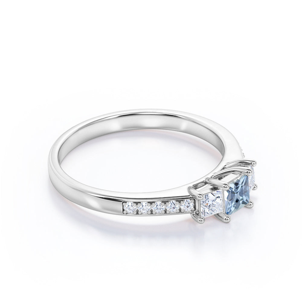 1.10 Carat Princess Cut Aquamarine And Diamond Pave Engagement Ring In White Gold