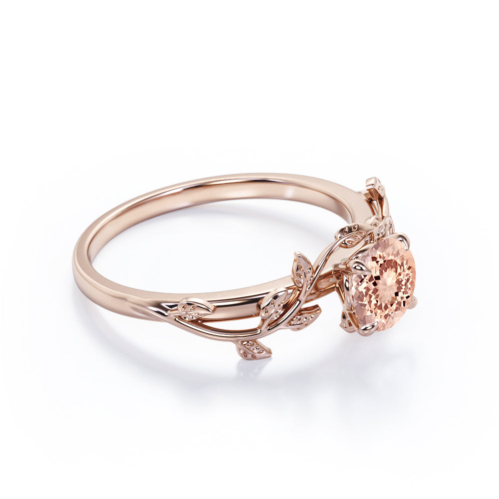 0.50 Carat Round Lab Created Morganite - Leafy Design - Solitaire Engagement Ring - 18K White Gold Plating over Silver