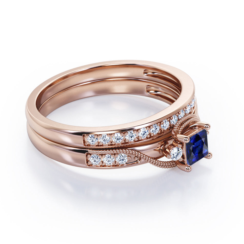 Trilogy Duo Milgrain 0.7 TCW Princess Cut Blue Sapphire and Moissanite Vintage Bridal Ring Set in Rose Gold