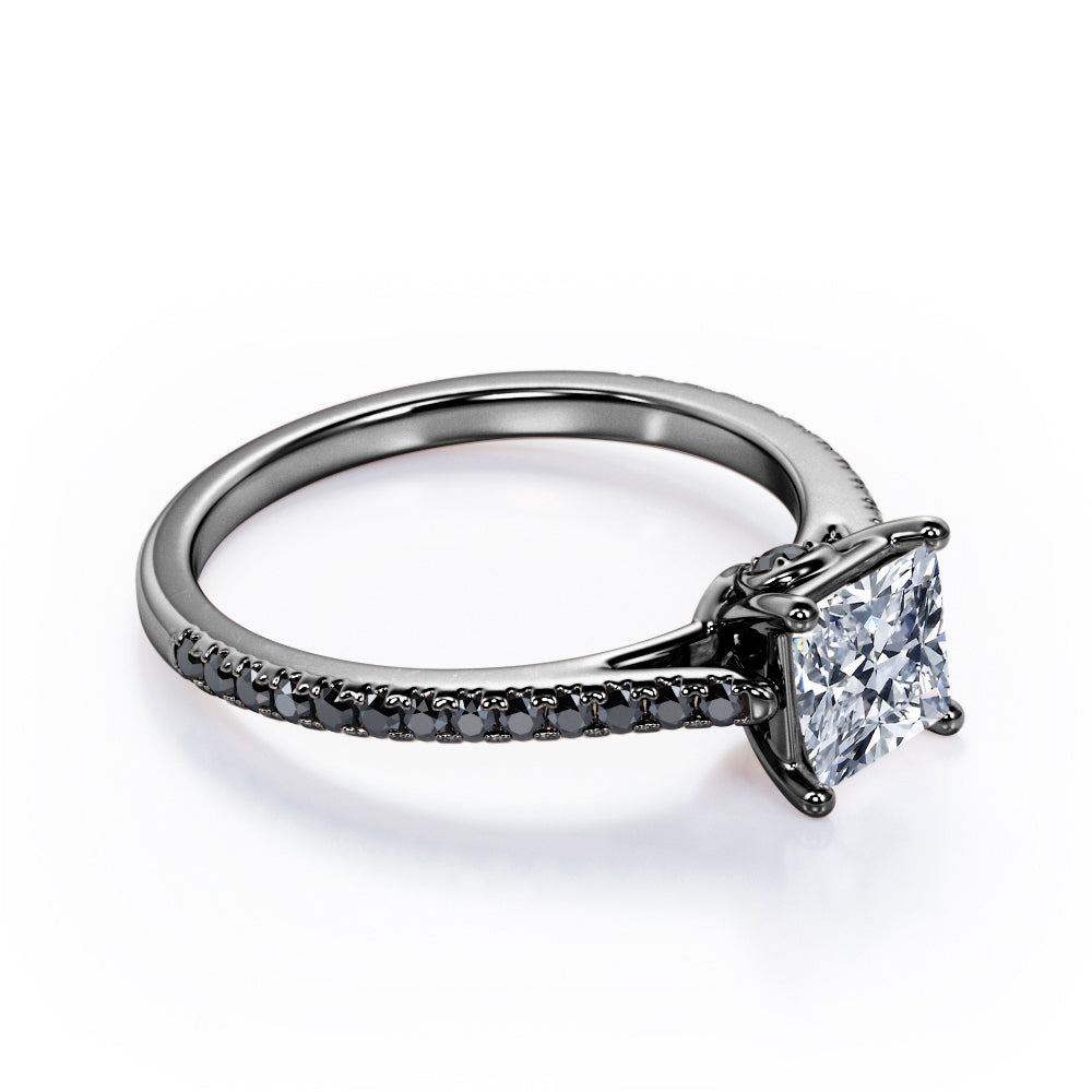 0.5 TCW Princess Cut Diamond with Lab Created Black Diamond - Pave Setting - Prong Engagement Ring - 10K White Gold