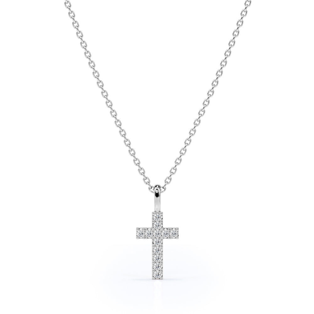 Minimalist 0.15 TCW Round Shaped Moissanite Crucifix Pendant Necklace with Pave Accents in 18K White Gold Plating over Silver