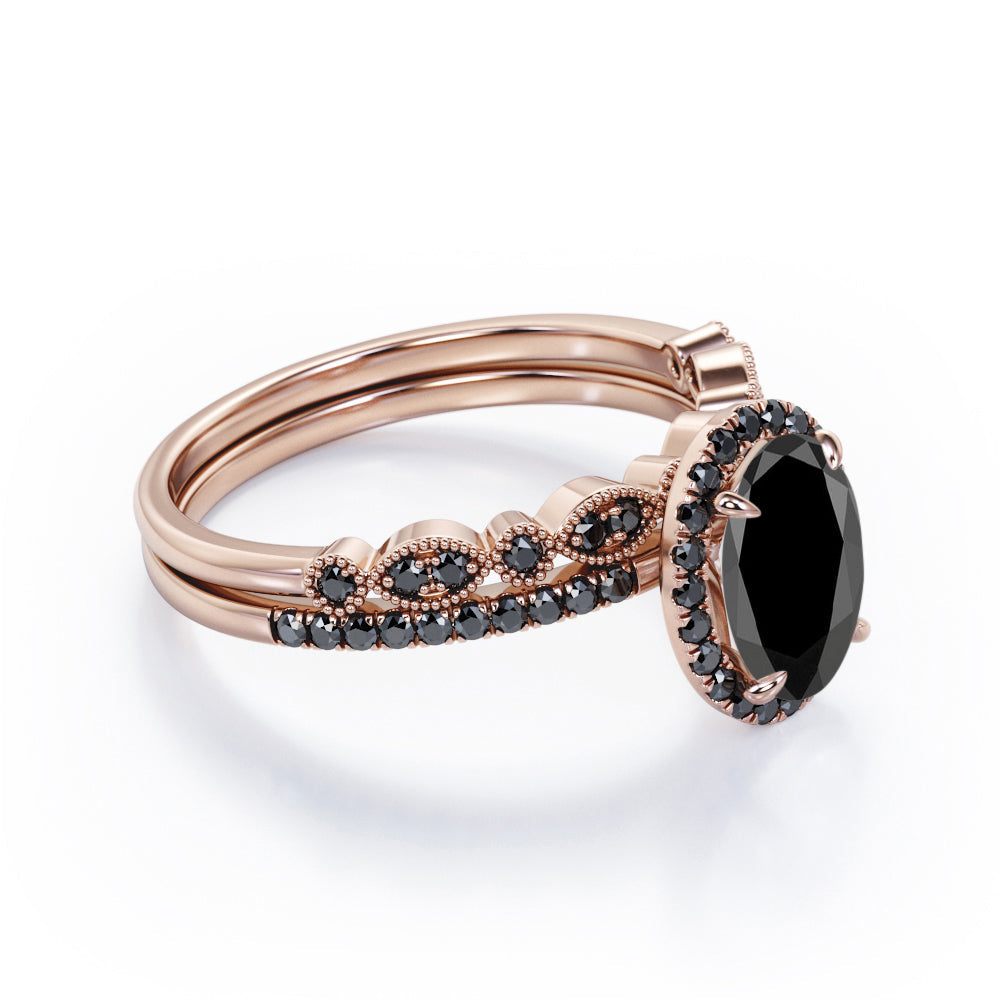 1.65 TCW Oval Cut Lab Created Black Diamond - Milgrain Filigree - Scalloped Pave Bridal Ring Set in White Gold