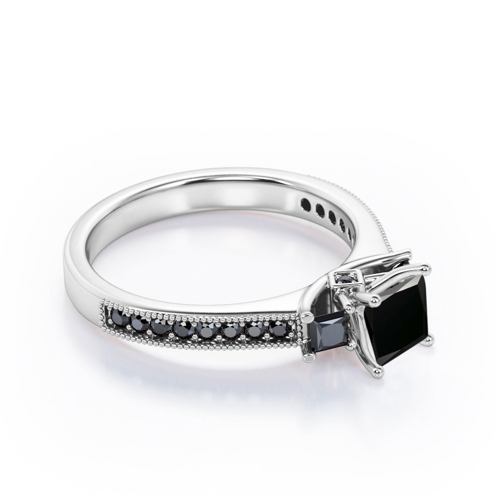 Trilogy Cathedral Prong - 1.4 TCW Princess Cut Lab Created Black Diamond - Milgrain Pave Channel Engagement Ring in White Gold